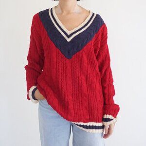 Vintage Golden Touch Red Navy Cable Knit Varsity V Neck Preppy Striped Sweater M